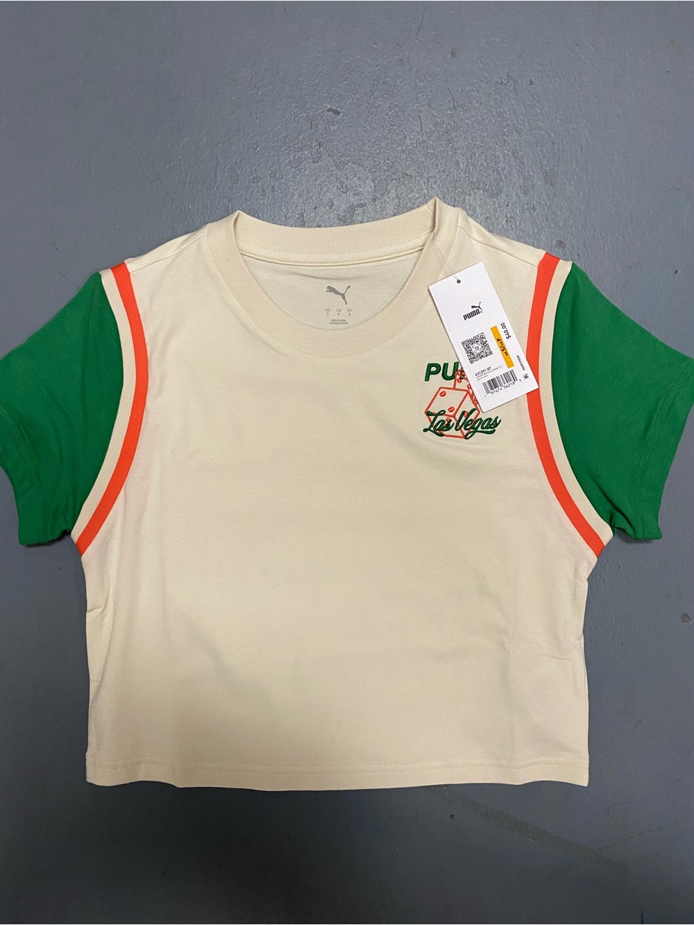Puma Cream Tee with Green Sleeves and Orange Trim
